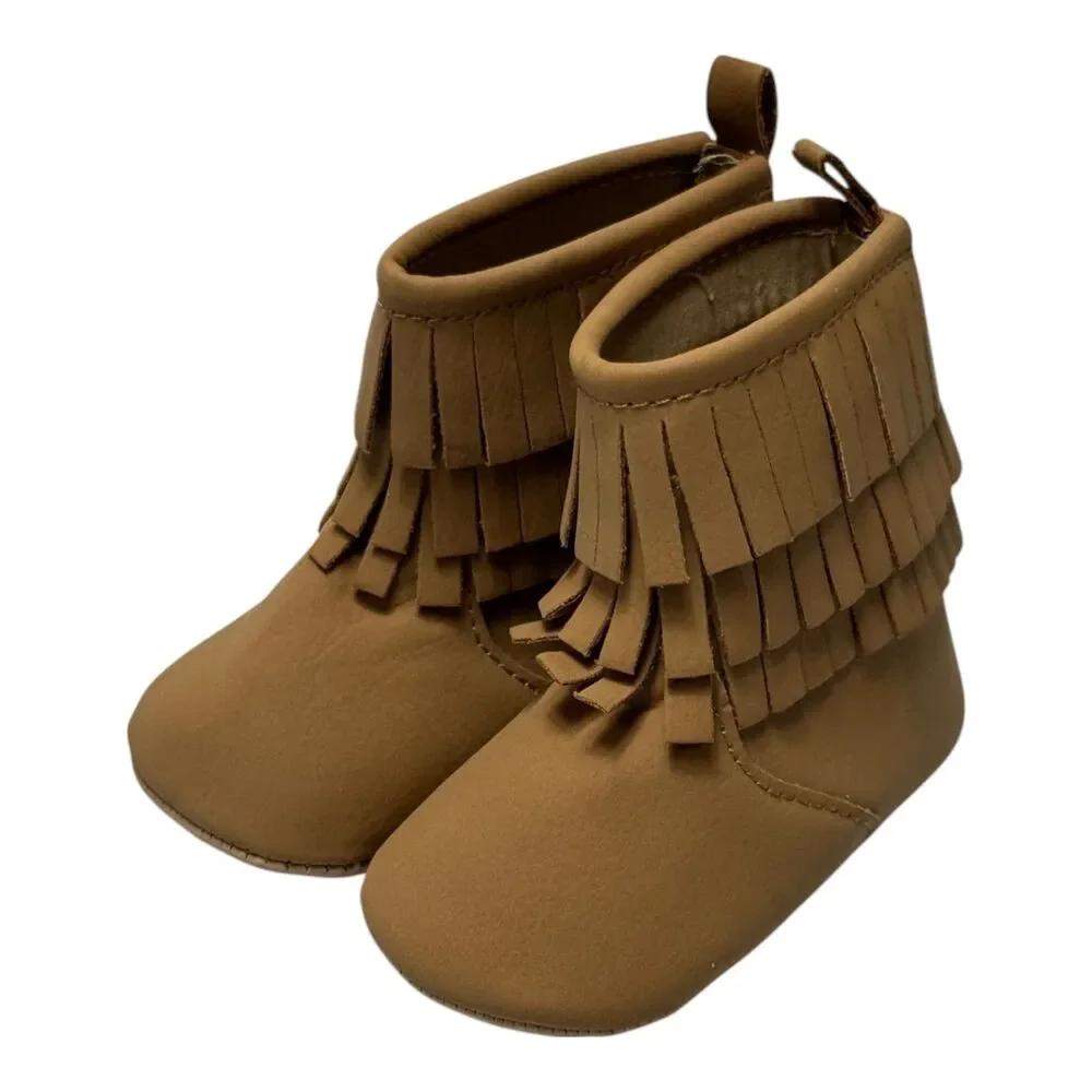 Old Navy Baby Moccasin Booties 3-6 Months Tan Brown Faux Suede Fringe NWT